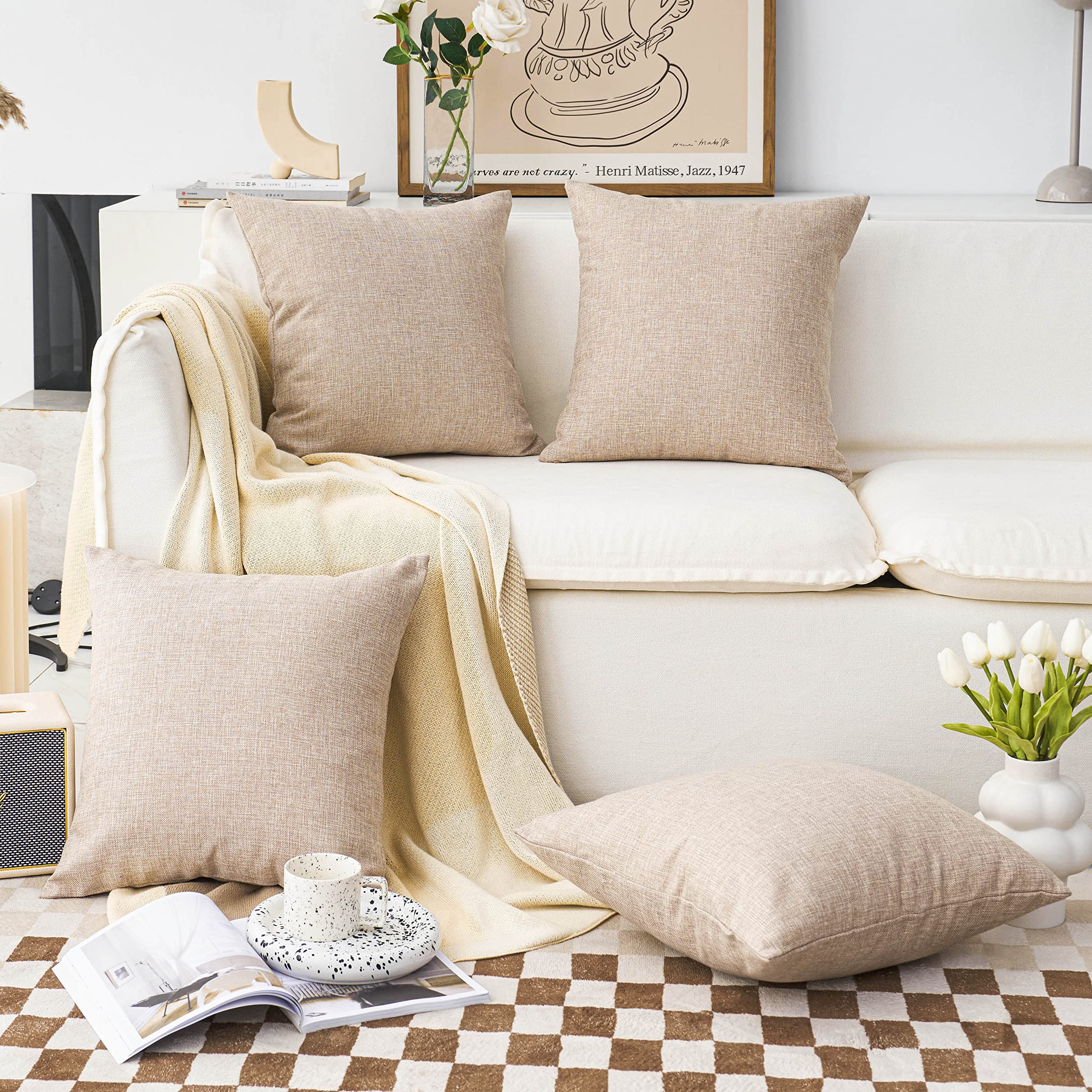 Photo 1 of Home Brilliant Throw Pillow Covers 18x18 Lined Linen Square Pillow Covers for Couch Sofa Decor, Set of 4, Light Linen, 18 inch