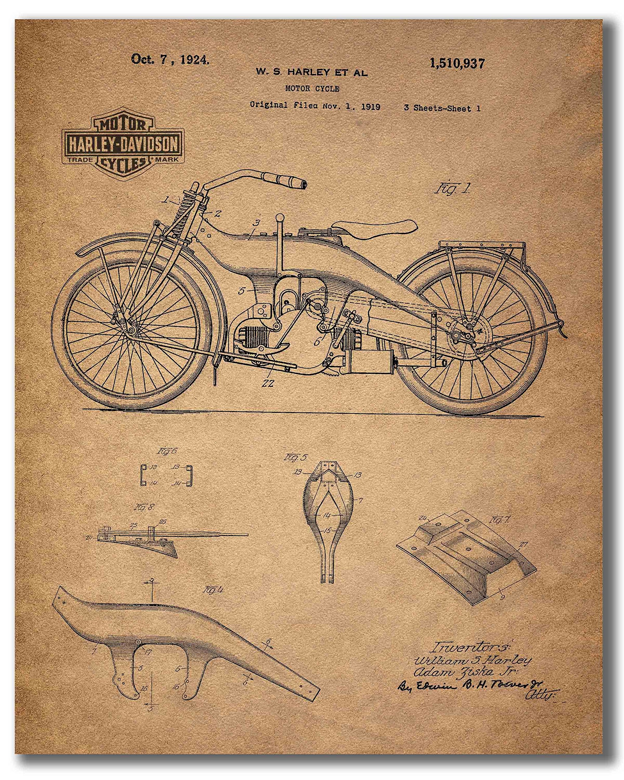 Vintage Office Decor Harley Davidson Patent Print Wall Art Biker Set 4