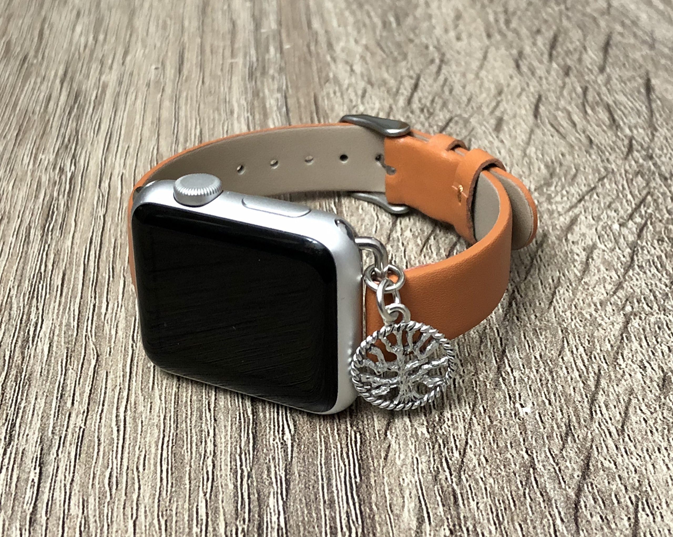 Luxury Brown Vegan Leather Band For Apple Watch All Series 1 2 & 3 Handmade Adjustable Size Bracelet with Silver Tree of Life Jewelry Ornament Elegant Apple Watch Jewelry Bracelet