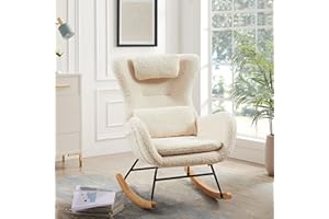 LUSPAZ Small Rocking Chair Nursery, Modern Rocker Chair with High Backrest, Comfy Accent Glider Chair with Headrest and Throw Pillow (White)