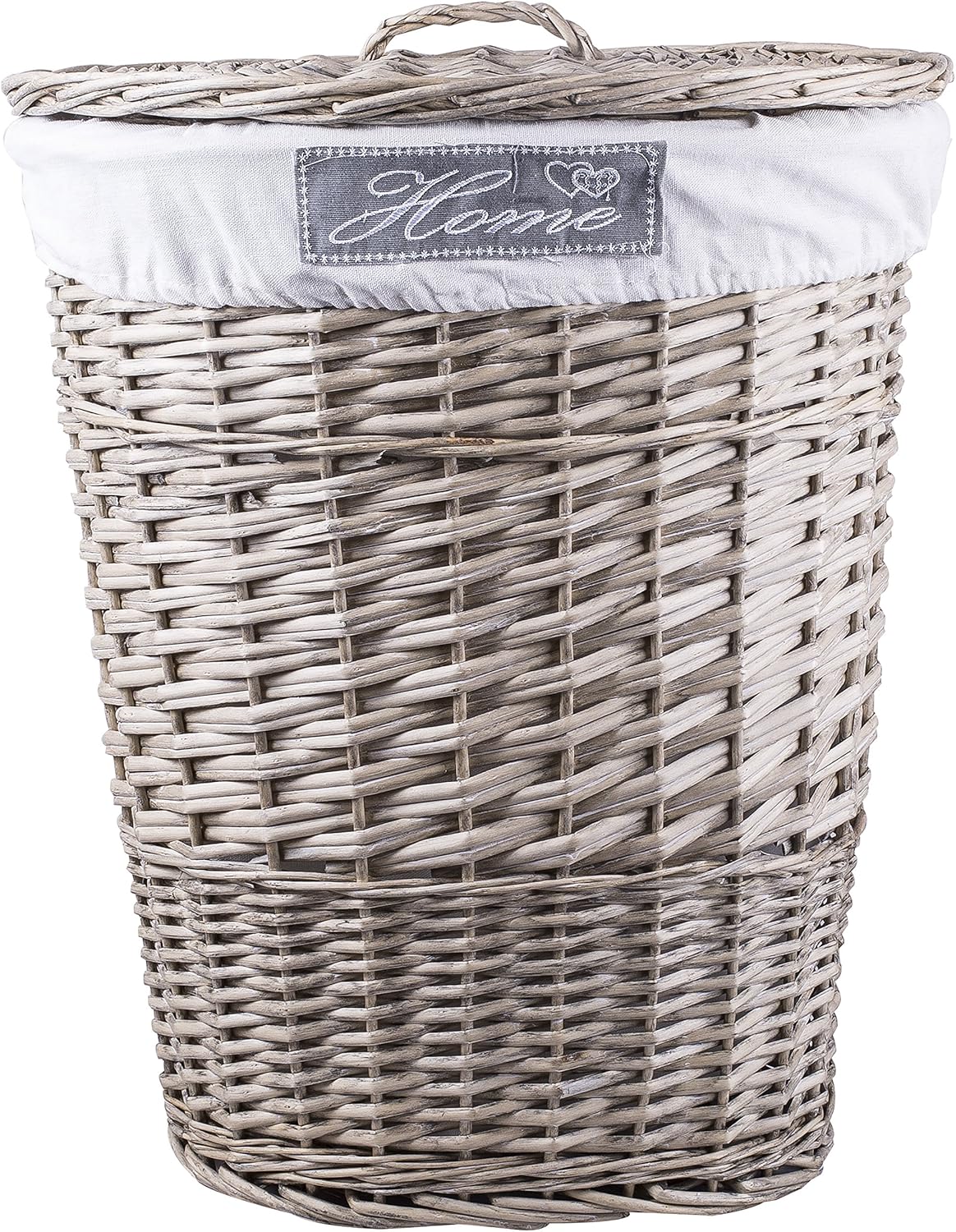 BASIC HOUSE Grey Oval Matt Wicker Laundry Basket Cotton Lining With Lid