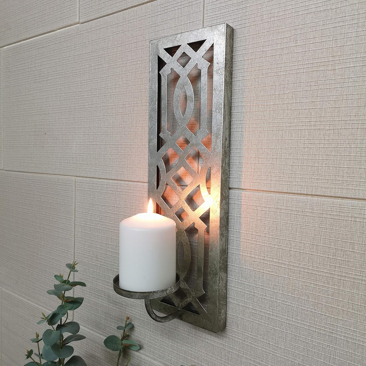Hosley 16.5" High Iron Wall Pillar Candle Sconce Mid Century Modern Antique Silver Galvanized Finish. Ideal Gift Wedding Special Occasions Home Office Spa Aromatherapy Gardens (Antique Silver): Home & Kitchen