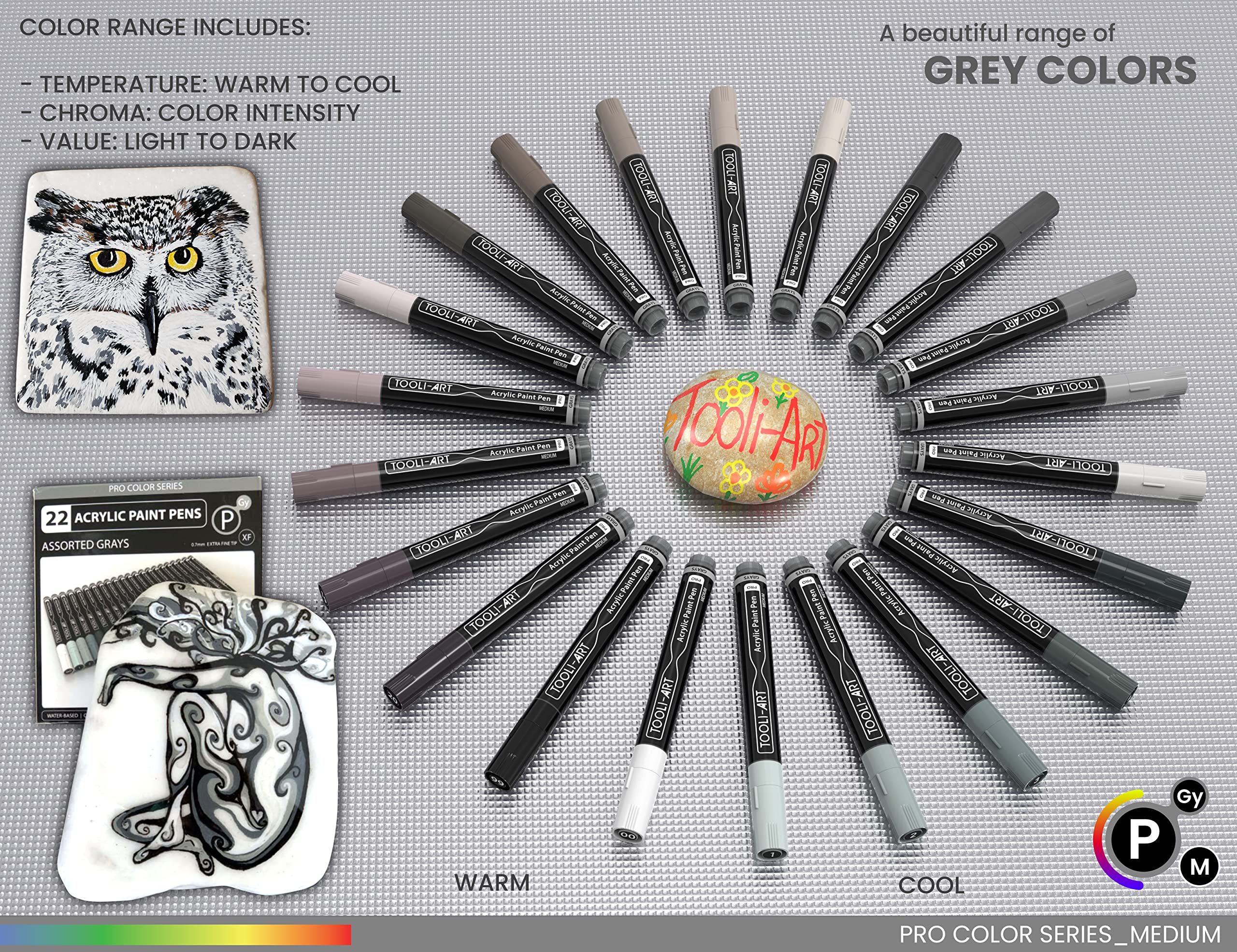 TOOLI-ART Acrylic Paint Pens 22 Assorted Pro Colour Series Markers Set 3mm Medium Tip for Rock Painting, Glass, Mugs, Wood, Metal, Canvas, DIY Projects, Non Toxic, Waterbased, Quick Drying. (GREY)