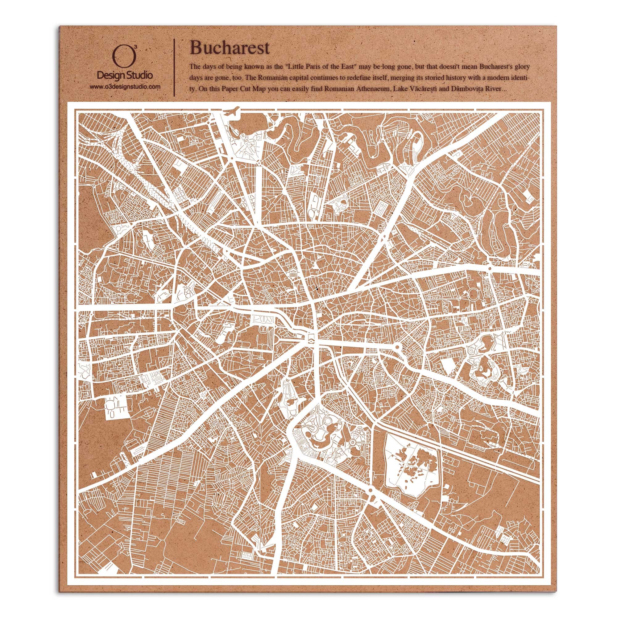 Bucharest Paper Cut Map by O3 Design Studio White 30x30 cm Paper Art