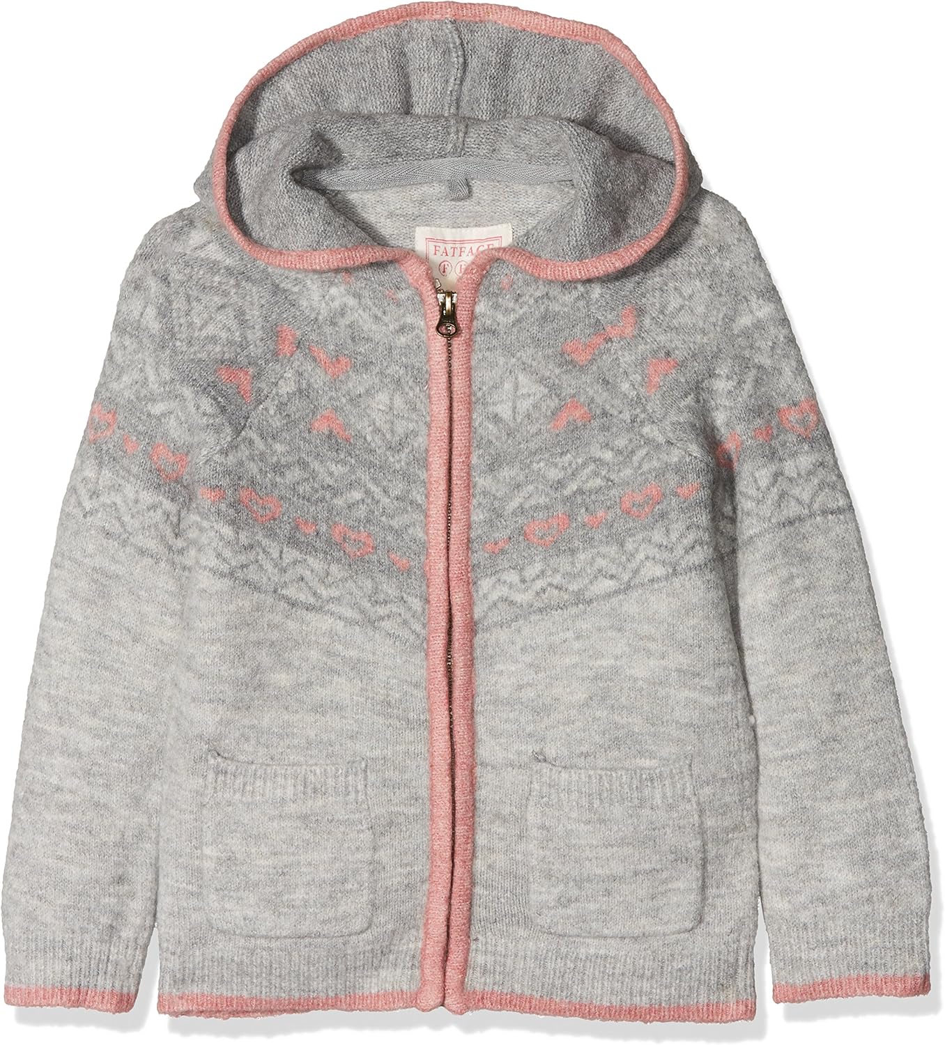 Fat Face Girl's Fairisle Zip Thru Regular Fit Hooded Long Sleeve Jumper, Grey(Grey Marl), 4-5 