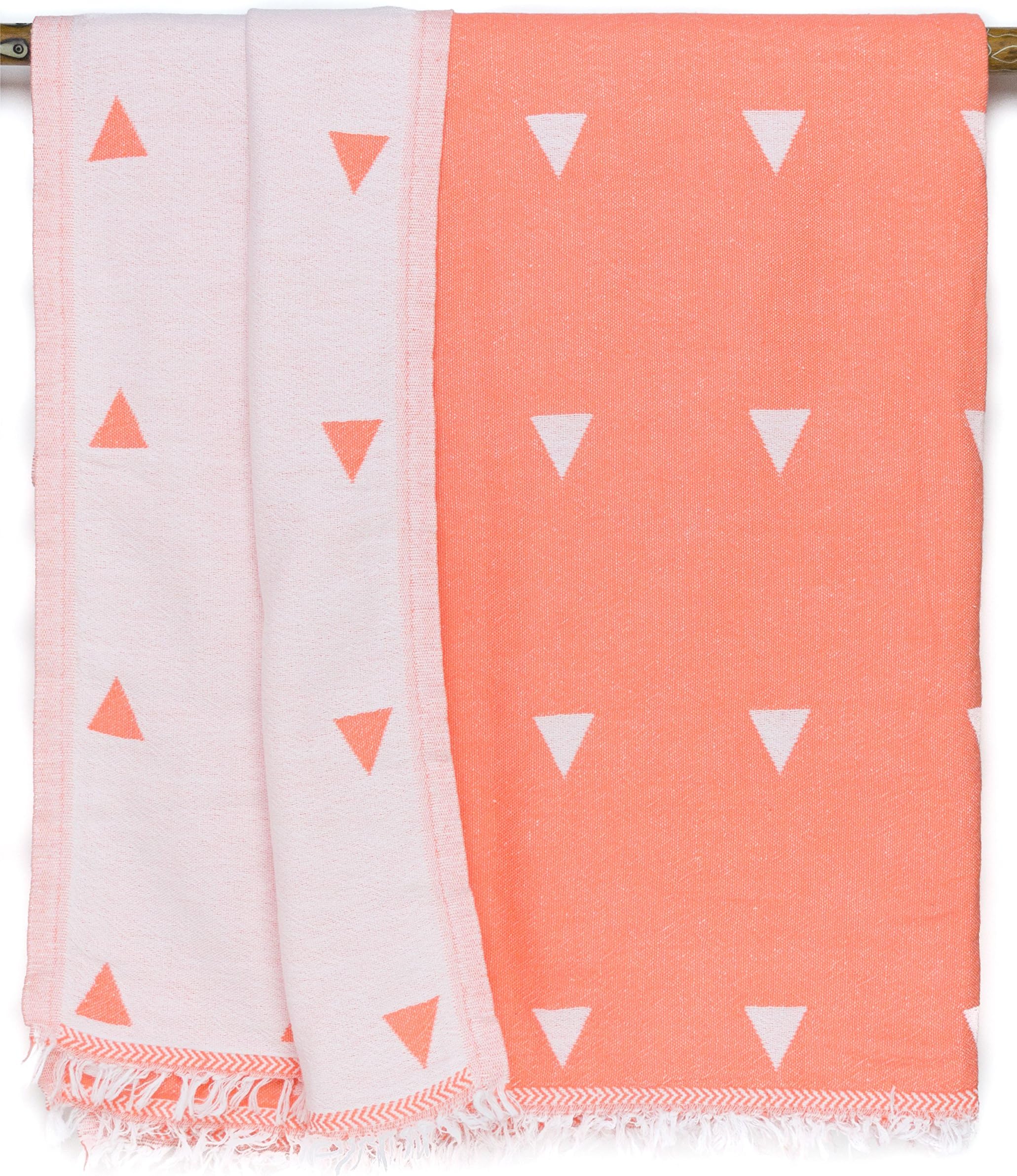 Februa Turkish Beach and Bath Towel Double Sided Peshtemal | Natural 100% Cotton | Multi-Purpose Yoga Camping Summer Travel Backpacking (Coral Red Triangle 71x35 in.)