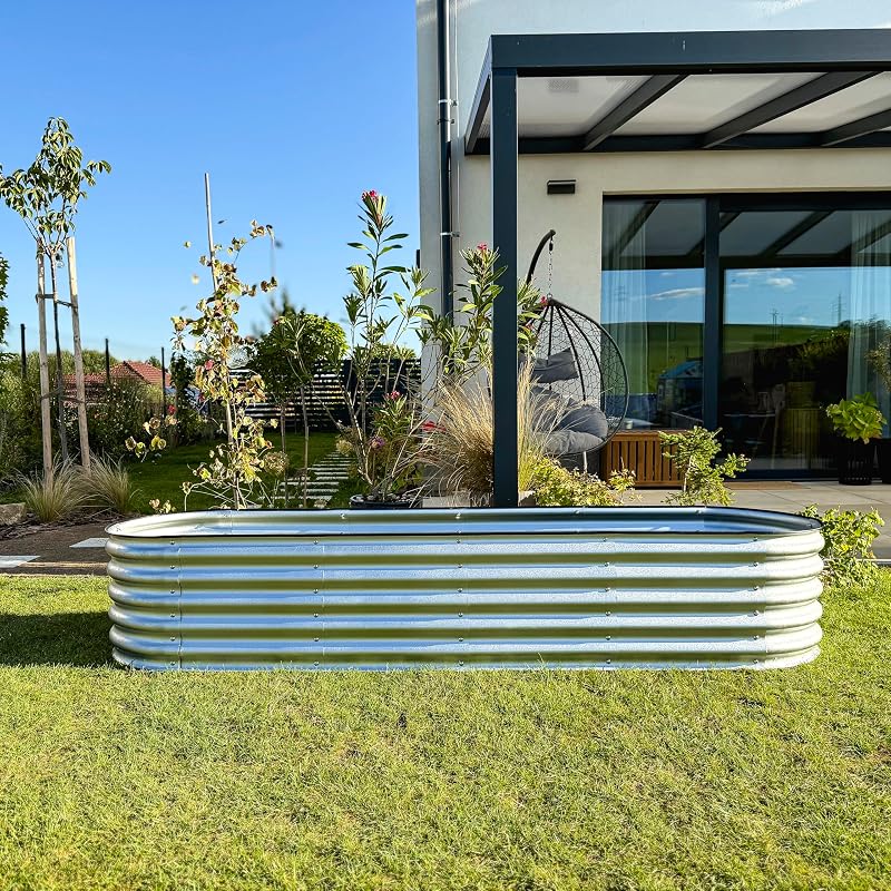 Potager Surélevé en Métal 240x60x43 cm - Bac Potager Extérieur Modulaire 9-en-1 - Jardinière Surélevée en Acier Premium, Inoxydable - Durée de Vie Minimum 20 Ans, Argenté