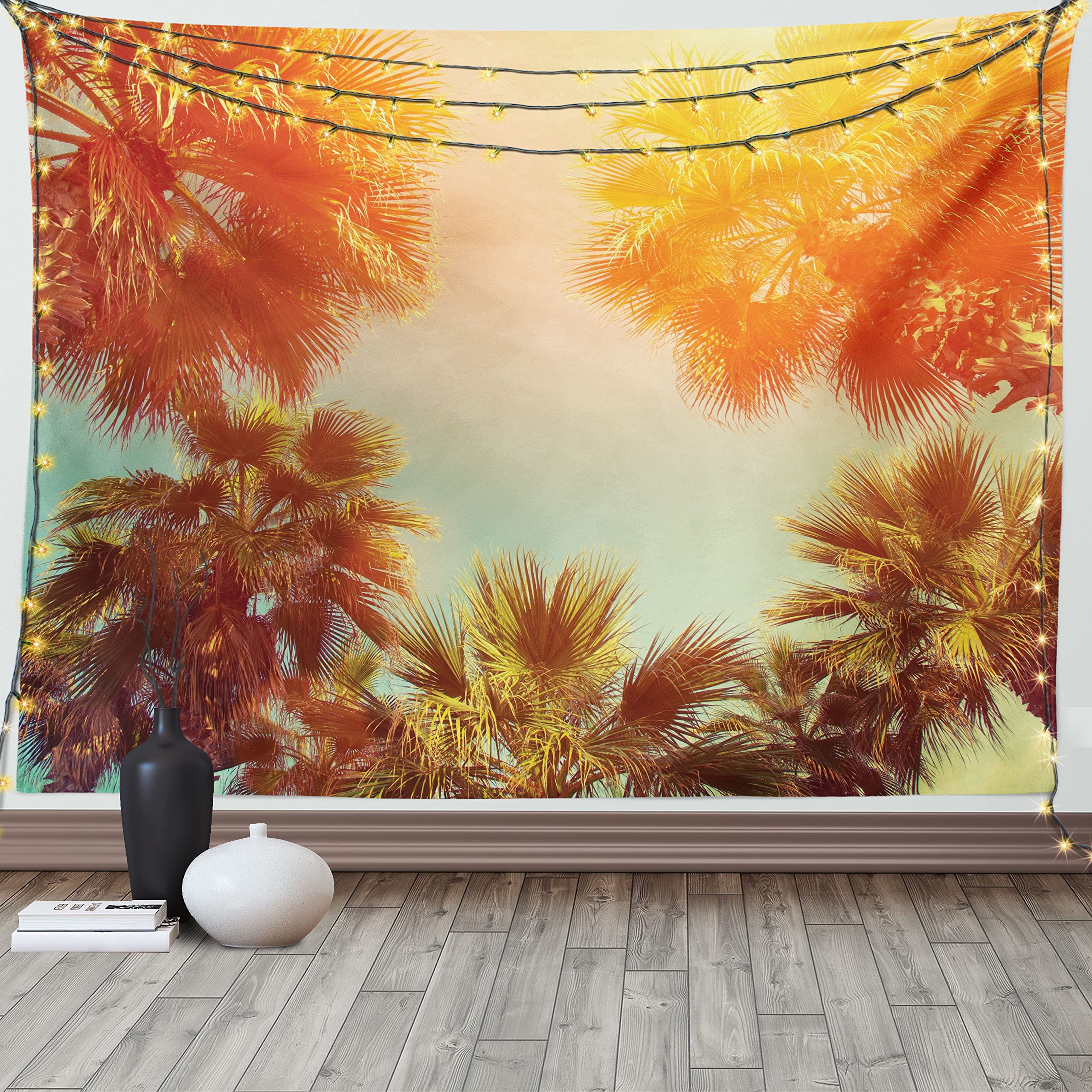ABAKUHAUS Palm Tree Tapestry, Trees in Sunlights Tranquility in Tropical Nature Landscape at Summer Theme, Fabric Wall Hanging Decor for Bedroom Living Room Dorm, 90 W X 54 L, Orange Green