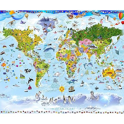 decomonkey Fototapete Kinderzimmer Weltkarte 250x175 cm XL Design Tapete Fototapeten Vlies Tapeten Vliestapete Wandtapete mod