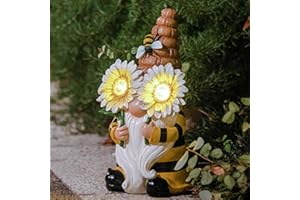 LA JOLIE MUSE 11.7'' Solar Gnomes Garden Statues-Resin Bee Gnomes Figurine Sunflower Decor with Solar LED Lights for Outdoor Gnomes Decorations for Yard Patio Lawn Porch, Garden Gifts for Mom