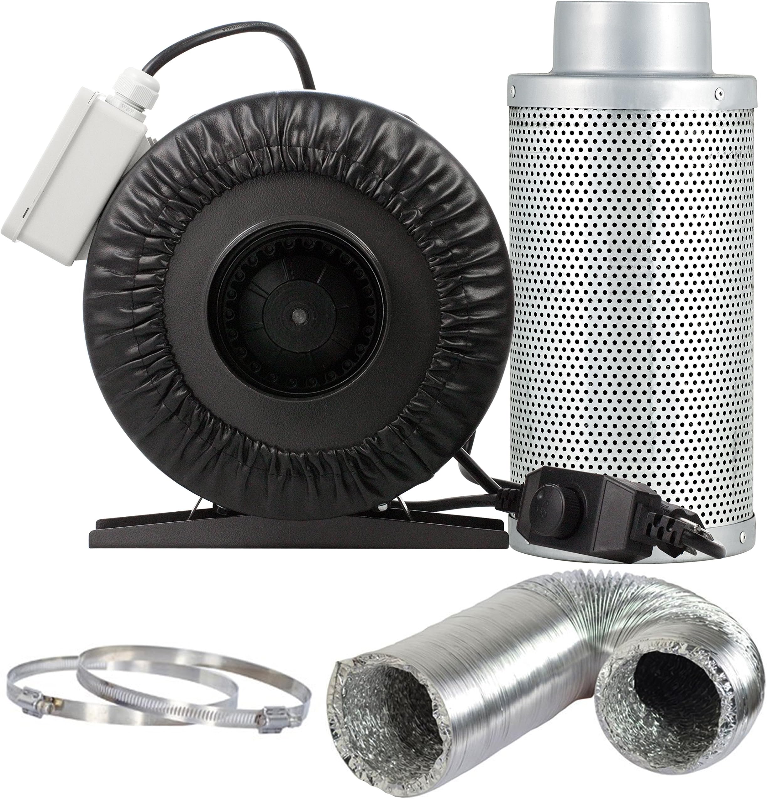 Yield Lab 4 inch 190 CFM Duct Inline Fan with 4" Carbon Filter Ducting and Clamps