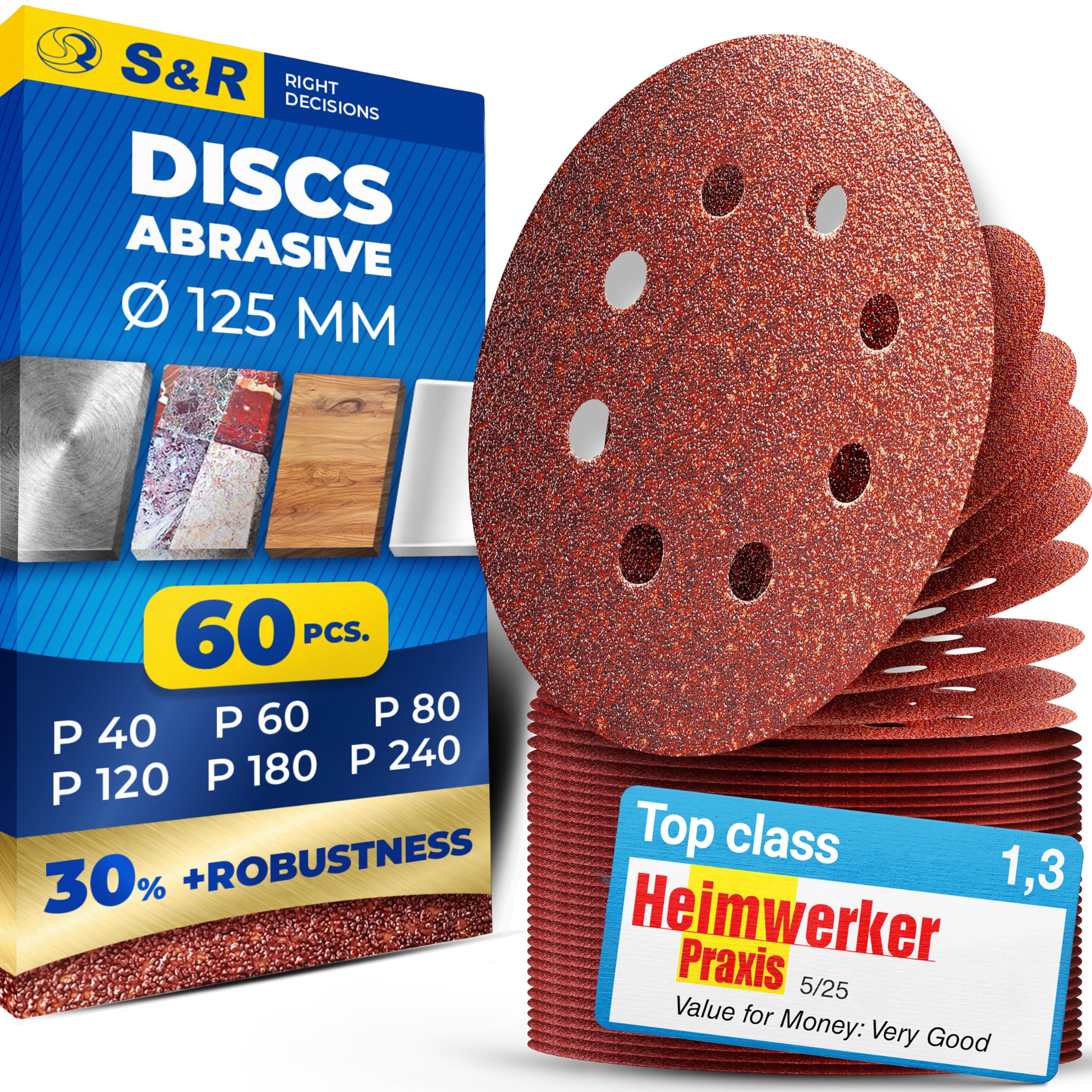 S&R 60 pcs Sanding Disc Pads 125mm/5inch - Grinding Discs Sandpaper Sheet Grit 40/60/80/120/180/240 (10 pcs each), 8 Holes Hook and Loop Quick Fitting for Orbit Sander