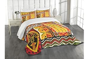 Lunarable African Bedspread, Elements Historical Original Striped and Rectangle Shapes Design, Decorative Quilted 3 Piece Coverlet Set with 2 Pillow Shams, King Size, Scarlet Yellow
