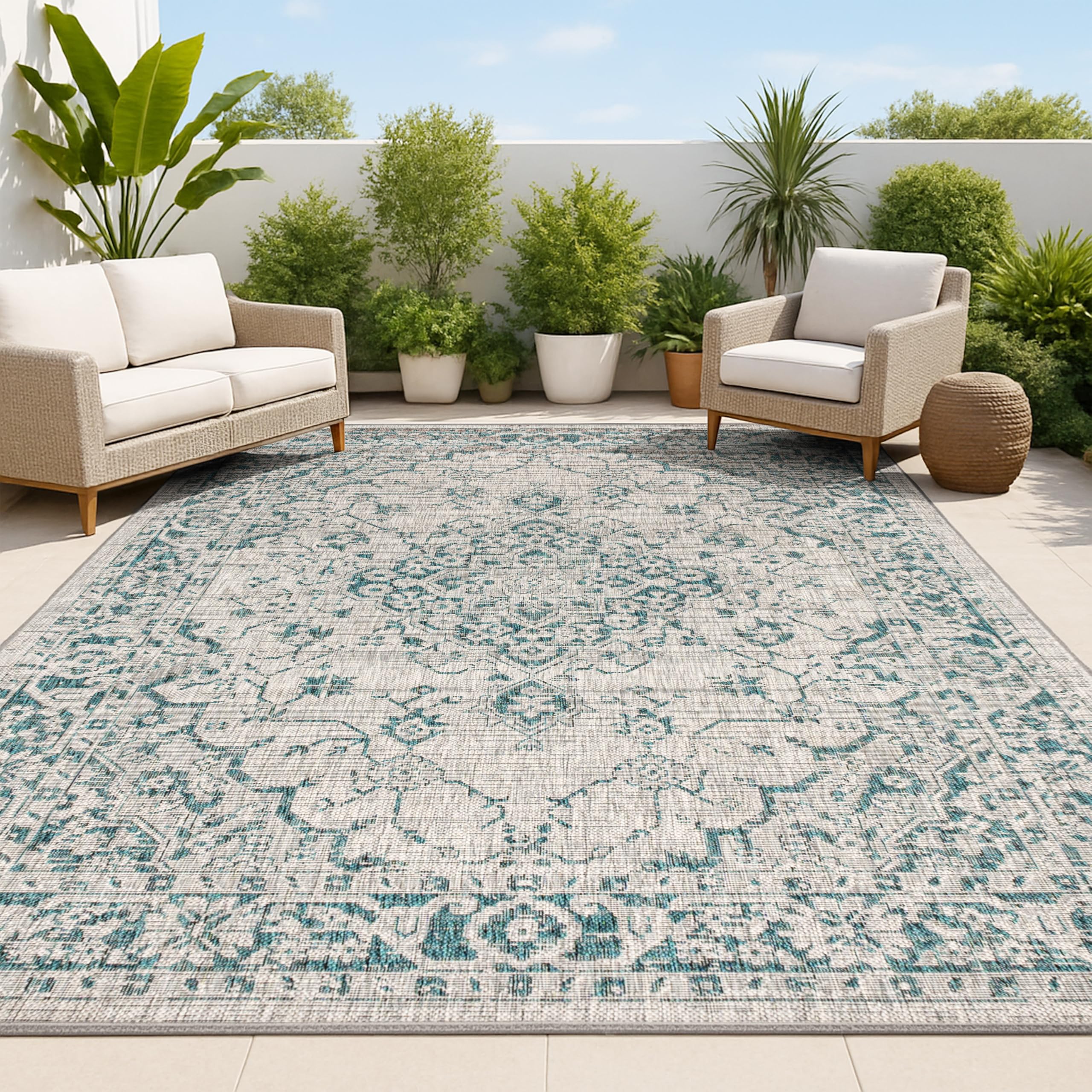 JONATHAN Y Boho Medallion Indoor Outdoor Area Rug 9X12 Gray/Teal, Rozetta Textured Weave for Backyard, Patio, Porch, Easy-Cleaning, High Traffic, Pet-Friendly, Non-Shedding (SMB102C-9) Image