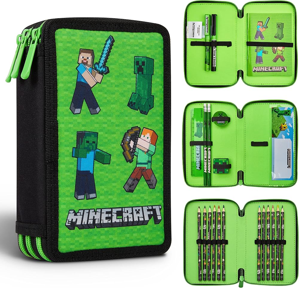 Minecraft Pencil Case for Kids Filled with Stationery Green Mob