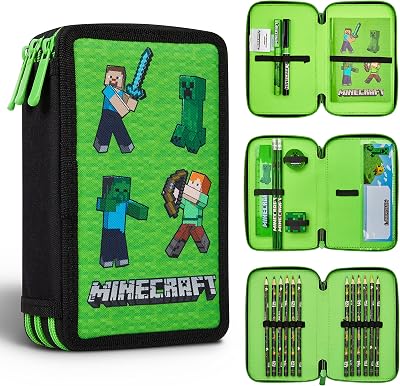 Minecraft Pencil Case for Kids Filled with Stationery Green Mob