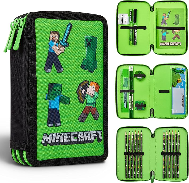 Minecraft Pencil Case for Kids Filled with Stationery Green Mob