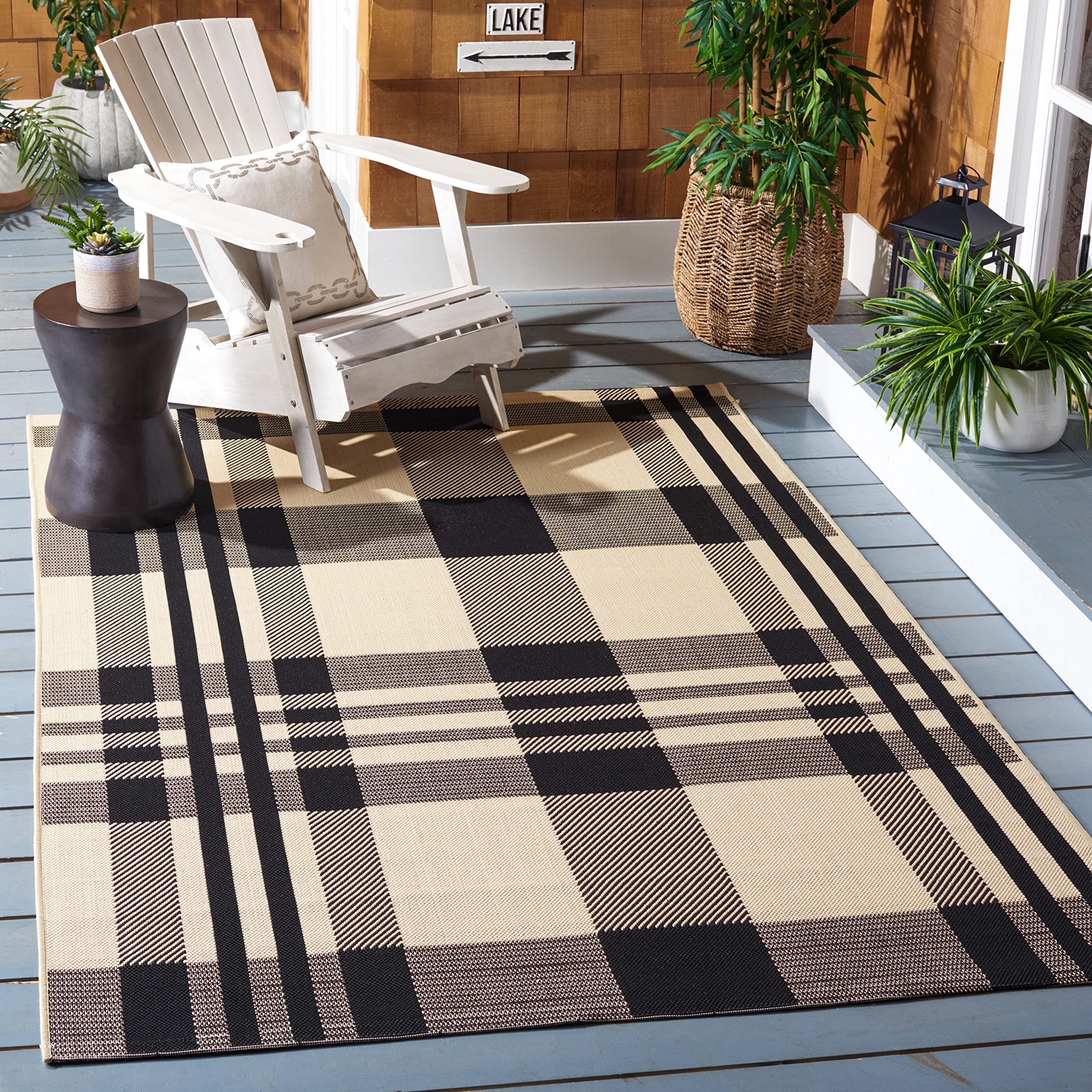 SAFAVIEH Washable Rug Outdoor Courtyard Collection - 6' x 8', Black & Bone, Plaid Pattern, Non-Shedding & Easy Cleaning, Ideal for Patio, Entryway, Mudroom, Hallway, Kitchen (CY6201-216) Image