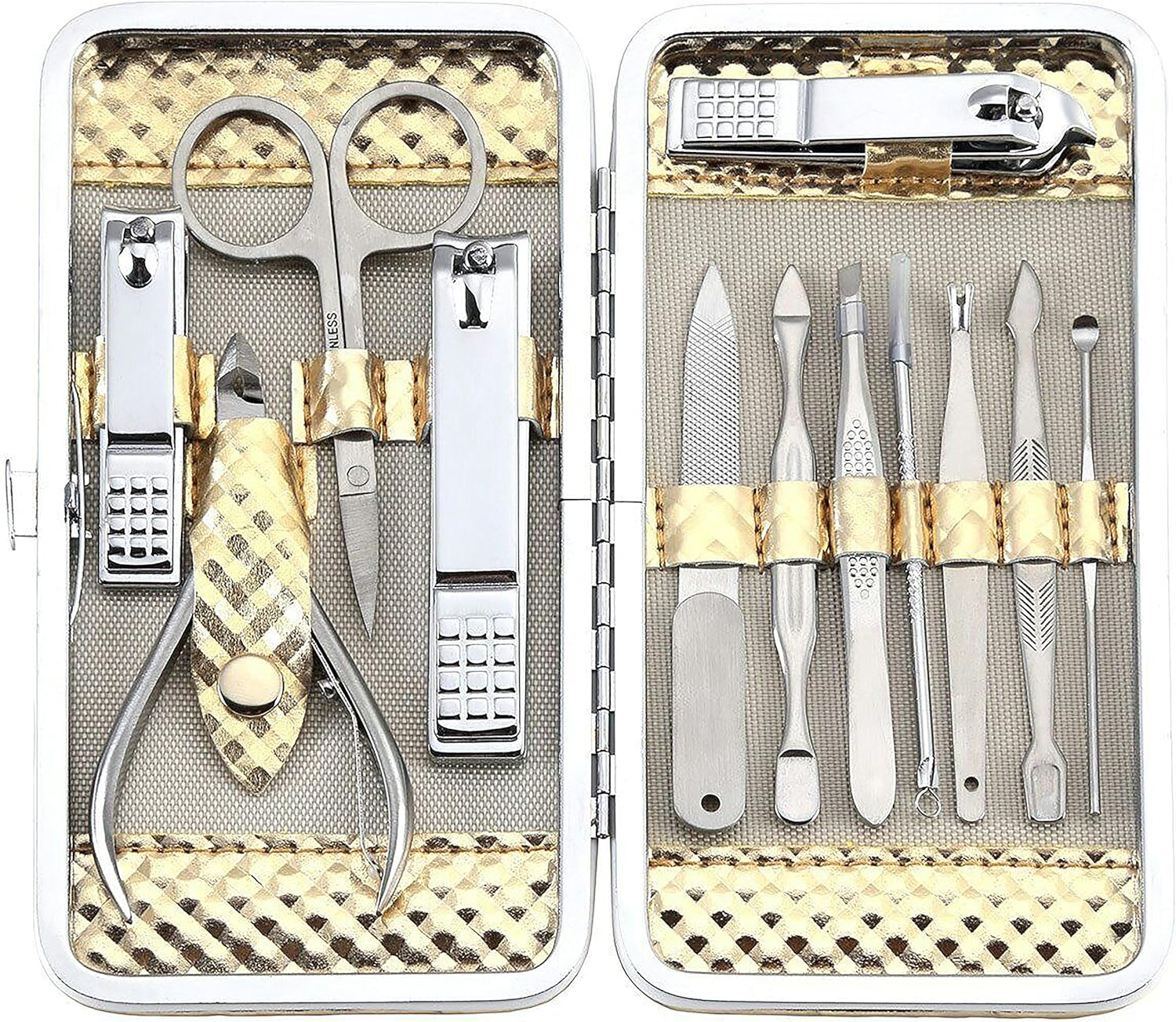 Y.S. organize Professional Manicure Travel Set for Men and Women. 12 Pieces kit of Stainless Steel Manicure & Pedicure Tools. Nail Clippers and Grooming Kit in an Beautiful Gold Metallic case: Home & Kitchen