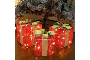 GUOOU Set of 3 Lighted Gift Boxes Christmas Decorations, 60 LED Red Lighted Christmas Tree Present Boxes, Christmas Home Gift Box Decorations