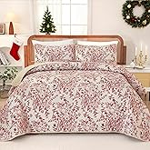 WONGS BEDDING Quilt Queen Size, Christmas Red Quilt Bedding Set with 2 Pillowcases, Botanical Quilts for Queen Bed, Soft Microfiber Lightweight Coverlet Bedspread for All Season (96"×90", 3 Pieces)