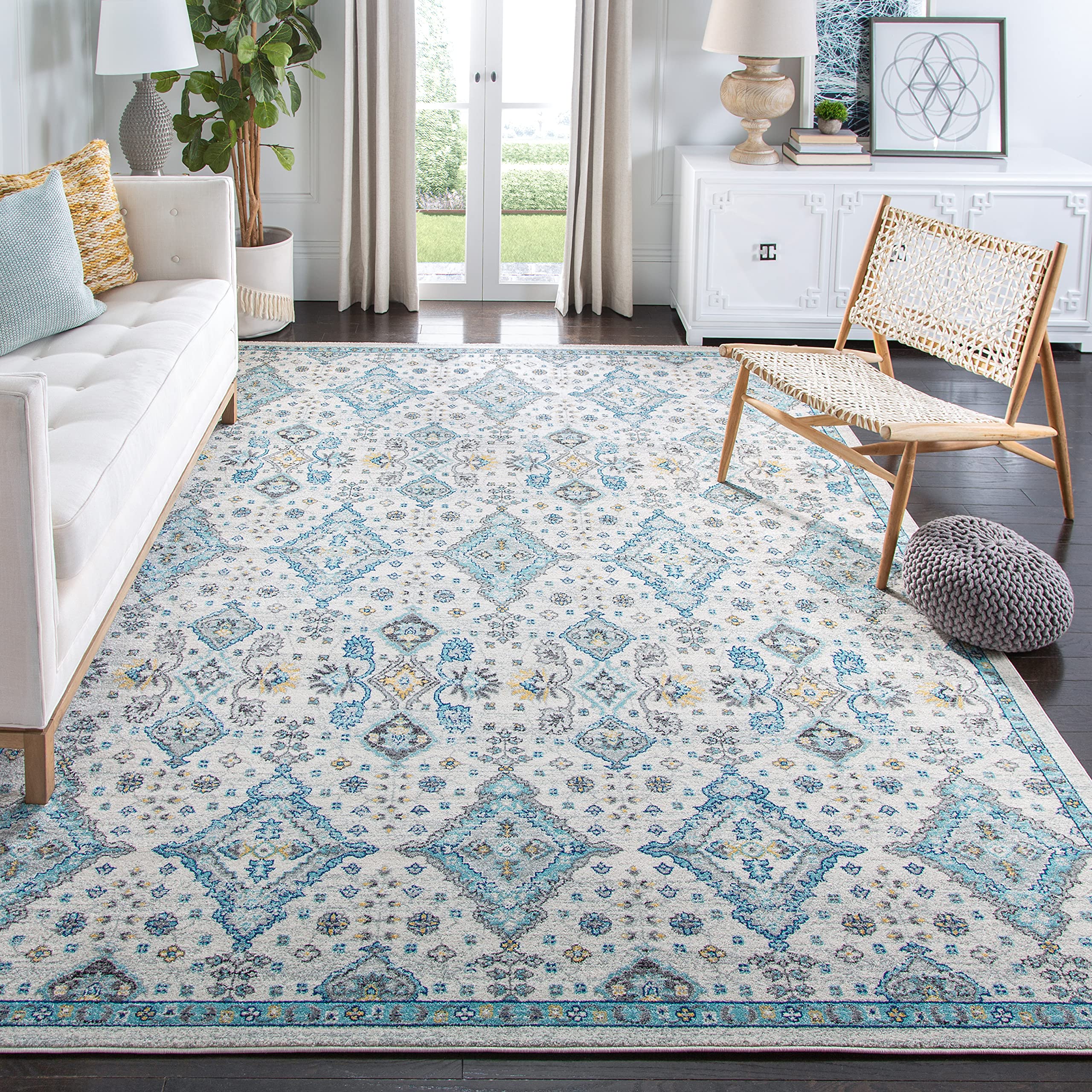 SAFAVIEH Evoke Collection Area Rug - 6'7" Square, Ivory & Light Blue, Boho Oriental Design, Non-Shedding & Easy Care, Ideal for High Traffic Areas in Living Room, Bedroom (EVK224C) Image