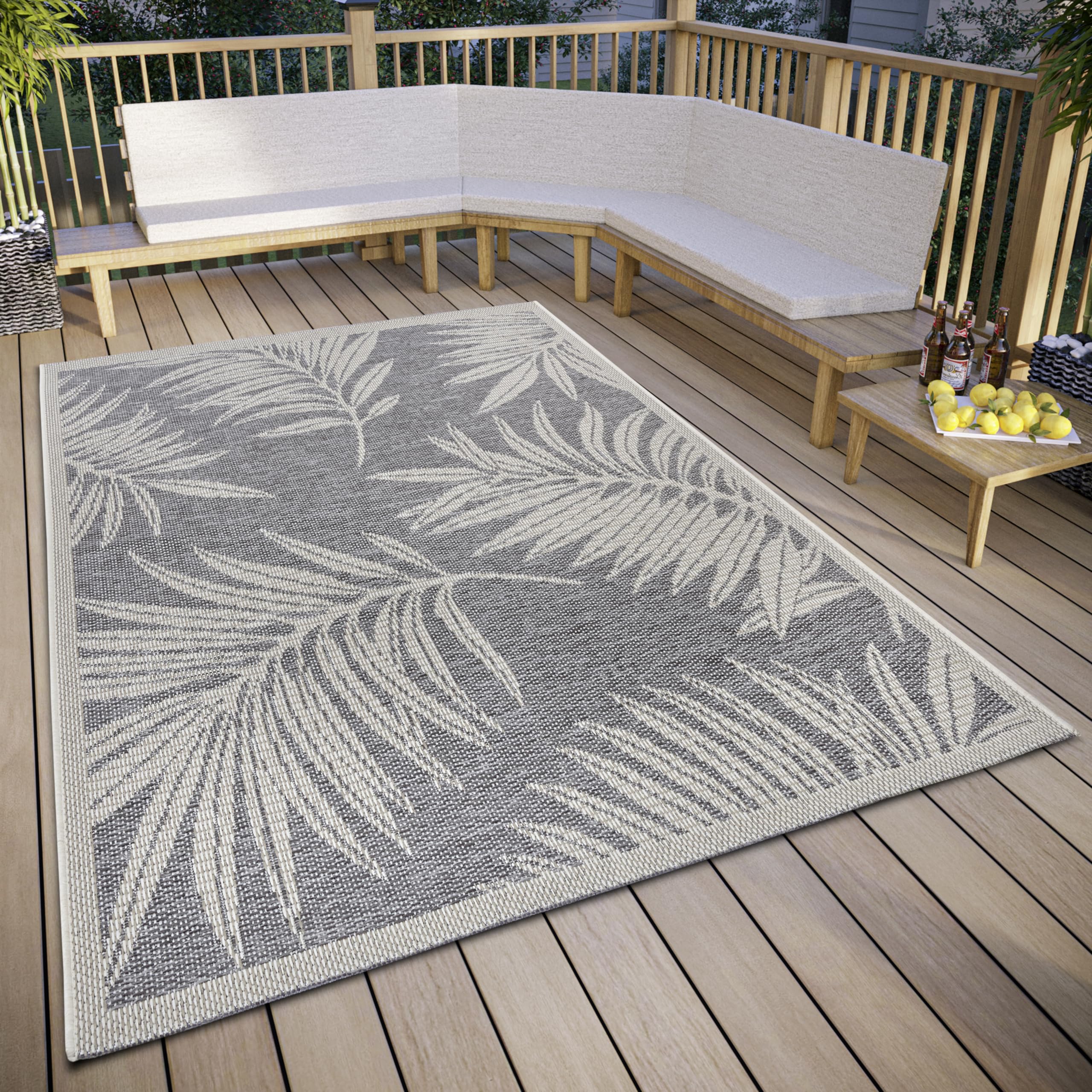 HANSE Home Paru Outdoor Rug Weatherproof - Modern Palm Tree Pattern Floral Design, Waterproof Robust Outdoor Rug Flat Weave for Garden, Balcony, Patio, Living Room - Grey Cream, 63 x 120 cm