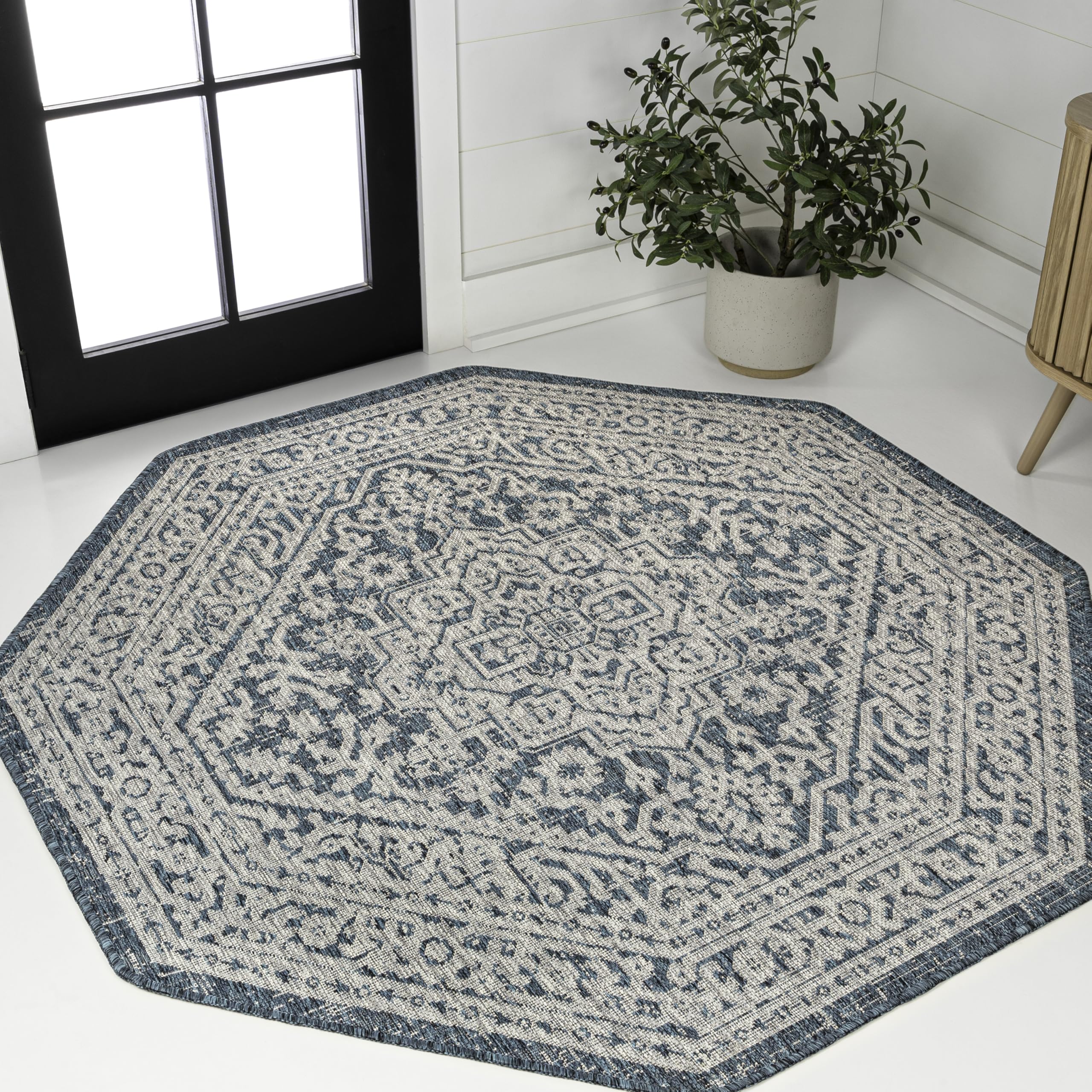JONATHAN Y Medallion Weave Indoor Outdoor Octagon Area Rug 8 Ft Teal Blue/Gray, Sinjuri Textured for Backyard, Patio, Porch, Easy-Cleaning, High Traffic, Pet-Friendly, Non-Shedding (SMB101C-8TGN) Image JONATHAN Y Medallion Weave Indoor Outdoor Octagon Area Rug 8 Ft Teal Blue/Gray, Sinjuri Textured for Backyard, Patio, Porch, Easy-Cleaning, High Traffic, Pet-Friendly, Non-Shedding (SMB101C-8TGN) Image