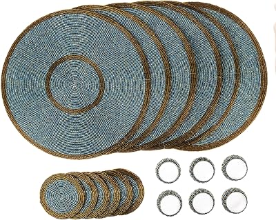 Penguin Home Handcrafted Glass Beaded Placemats Coasters Napkin Rings Set 18