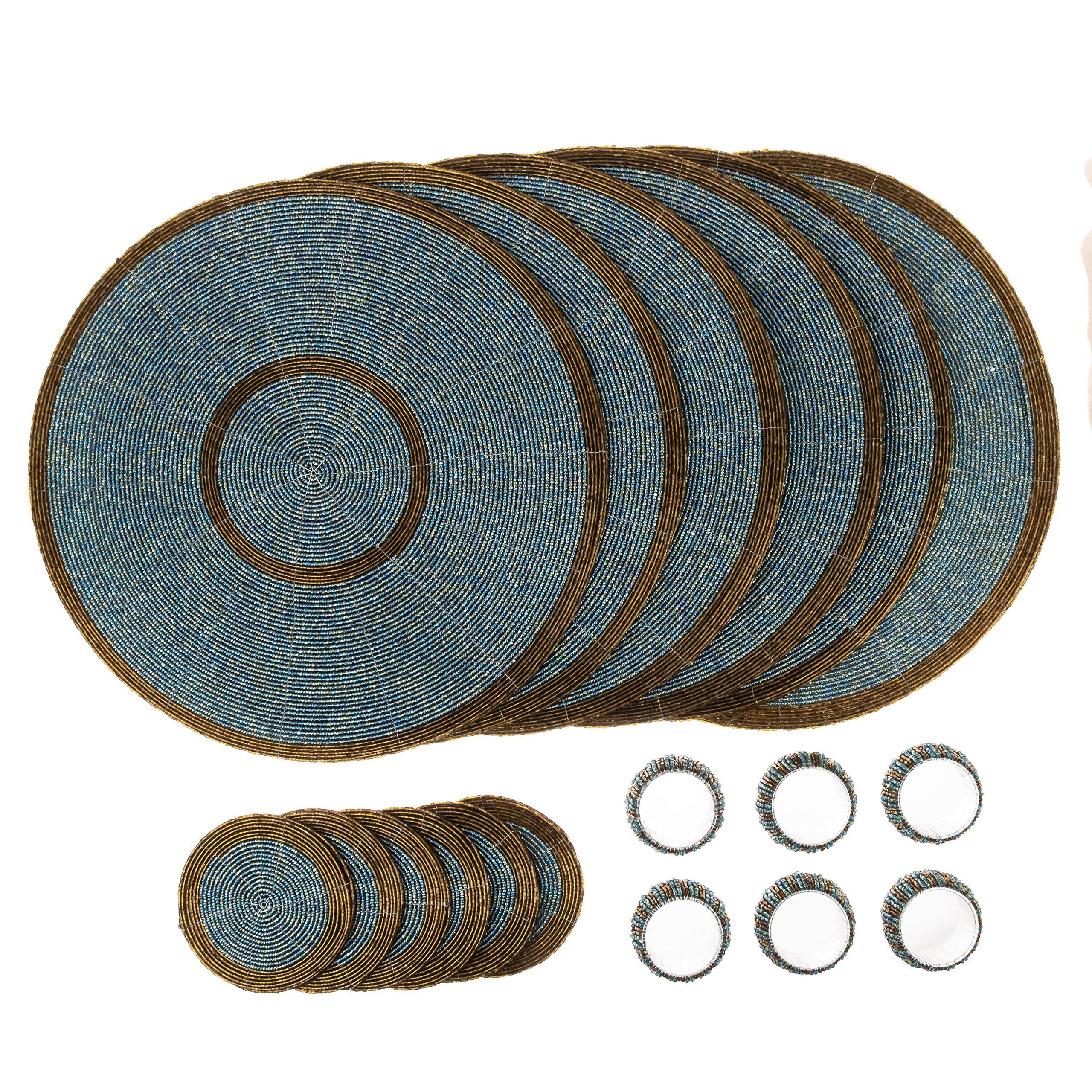 Penguin Home Handcrafted Glass Beaded Round Placemats, Coasters & Napkin Rings Set of 18 - Handmade Table Place Mats for Dining - 32 cm (13") Diameter (Aqua and Antique Gold)
