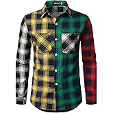 KEPUTAY Men Women Color Block Plaid Shirt Patchwork Plaid Shirts Button Down Long Sleeve Casual Shirts