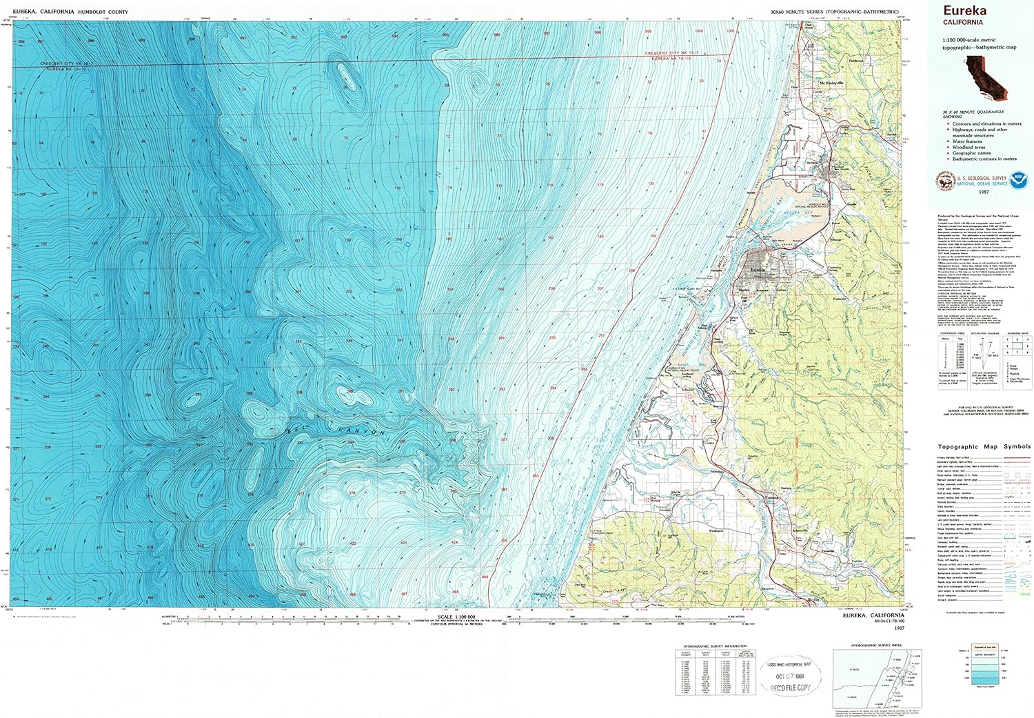 YellowMaps Eureka CA topo map, 1:100000 Scale, 30 X 60 Minute, Historical, 1987, Updated 1987, 27 x 39.5 in