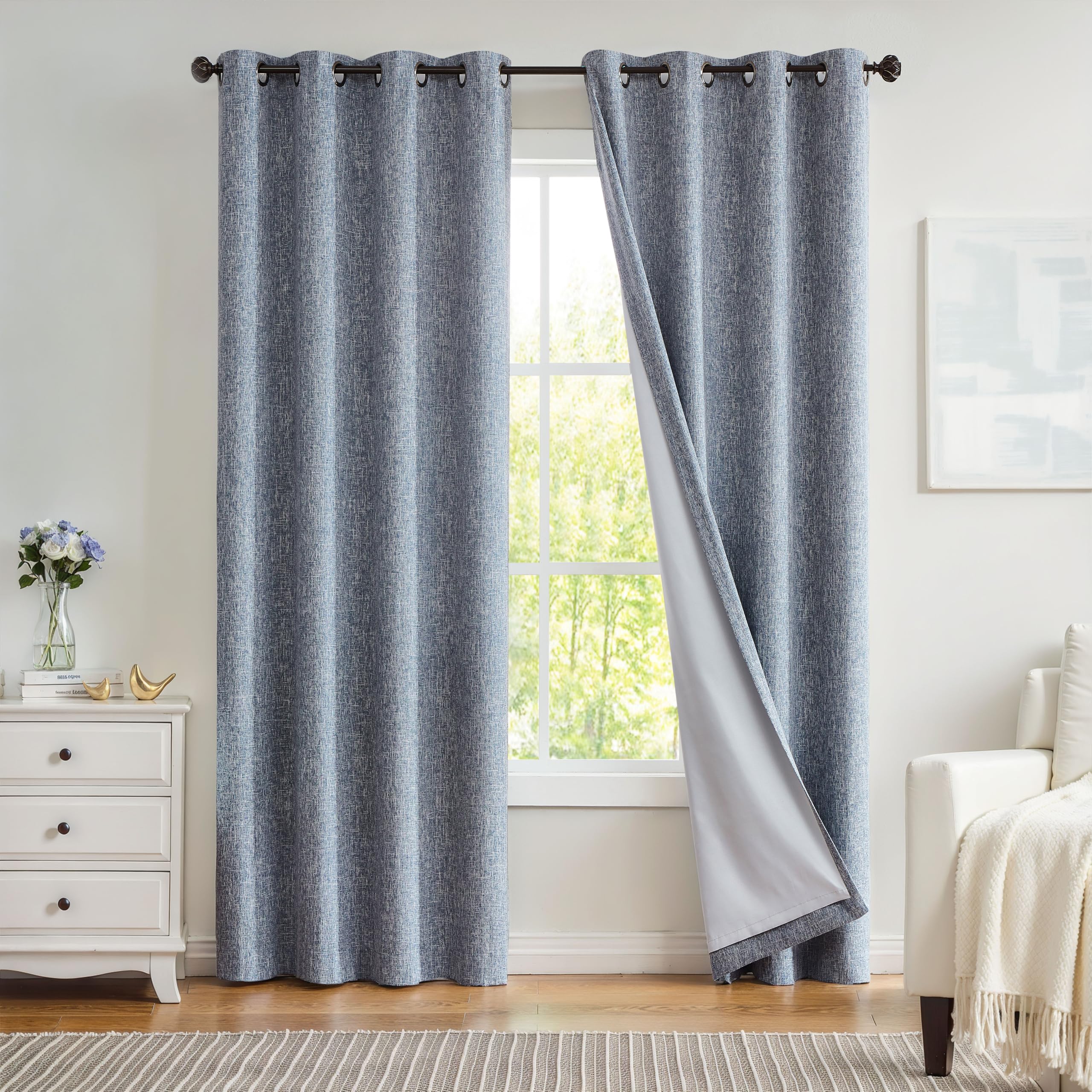 Photo 1 of Indigo Solid Full Blackout Curtain Heavy Linen Texture Window Treatment for Bedroom Noise Reducing Thermal Weave Drapes 8 Grommets Top for Living Room with Liner, Navy Blue, 50" x 95", 2 Panels