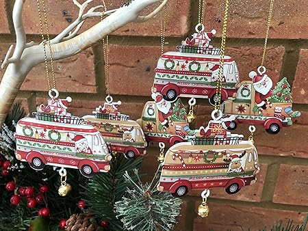 Set Of 6 Metal Camper Van Truck Christmas Tree Decorations Vintage
