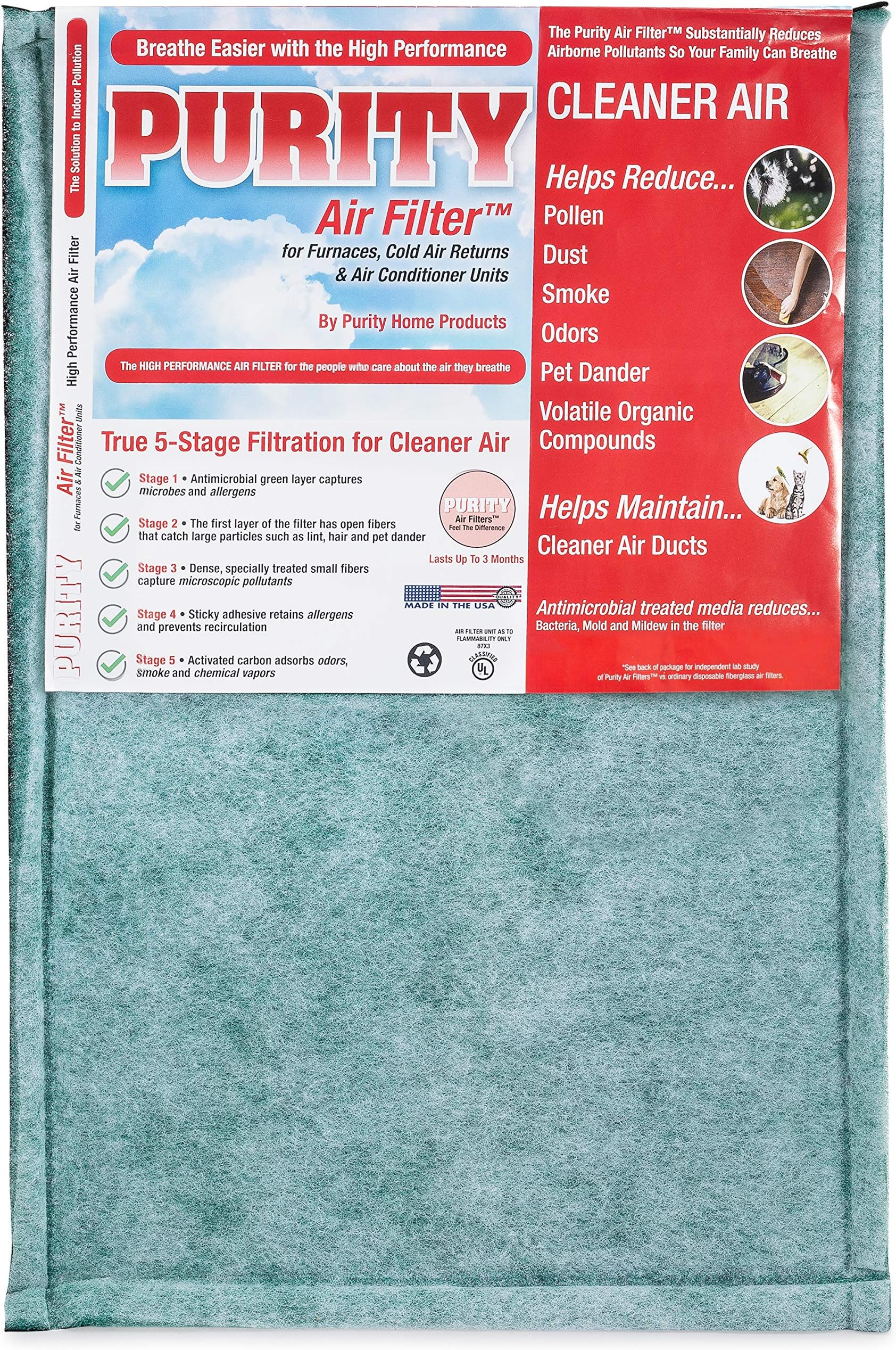 Purity Air Filter 20x30x1 AC Furnace Air Filter Activated Carbon Reduces Dust Pollen Allergen Odor 2 Pack
