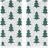SKL Home Christmas/Winter Holiday Trees 100% Cotton Premium 2-Piece Hand Towel Set, 500 GSM, Reversible Jacquard, Soft & Absorbent, Decorative for Bath/Kitchen/Bar & Gift, Green/White