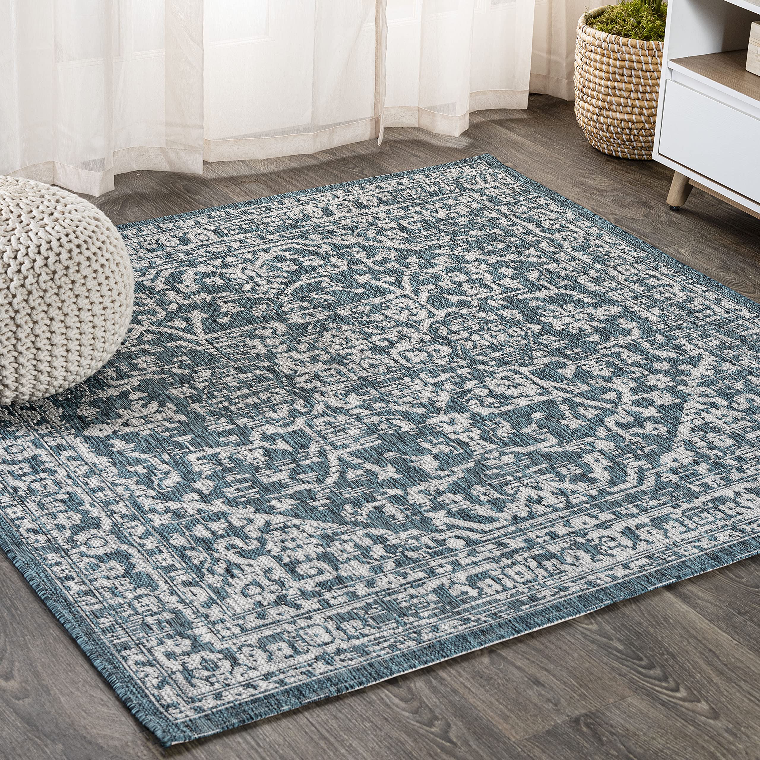 JONATHAN Y Boho Medallion Indoor Outdoor Square Area Rug 8X8 Teal/Gray, Malta Textured Weave for Backyard, Patio, Porch, Easy-Cleaning, High Traffic, Pet-Friendly, Non-Shedding (SMB104B-8SQ) Image