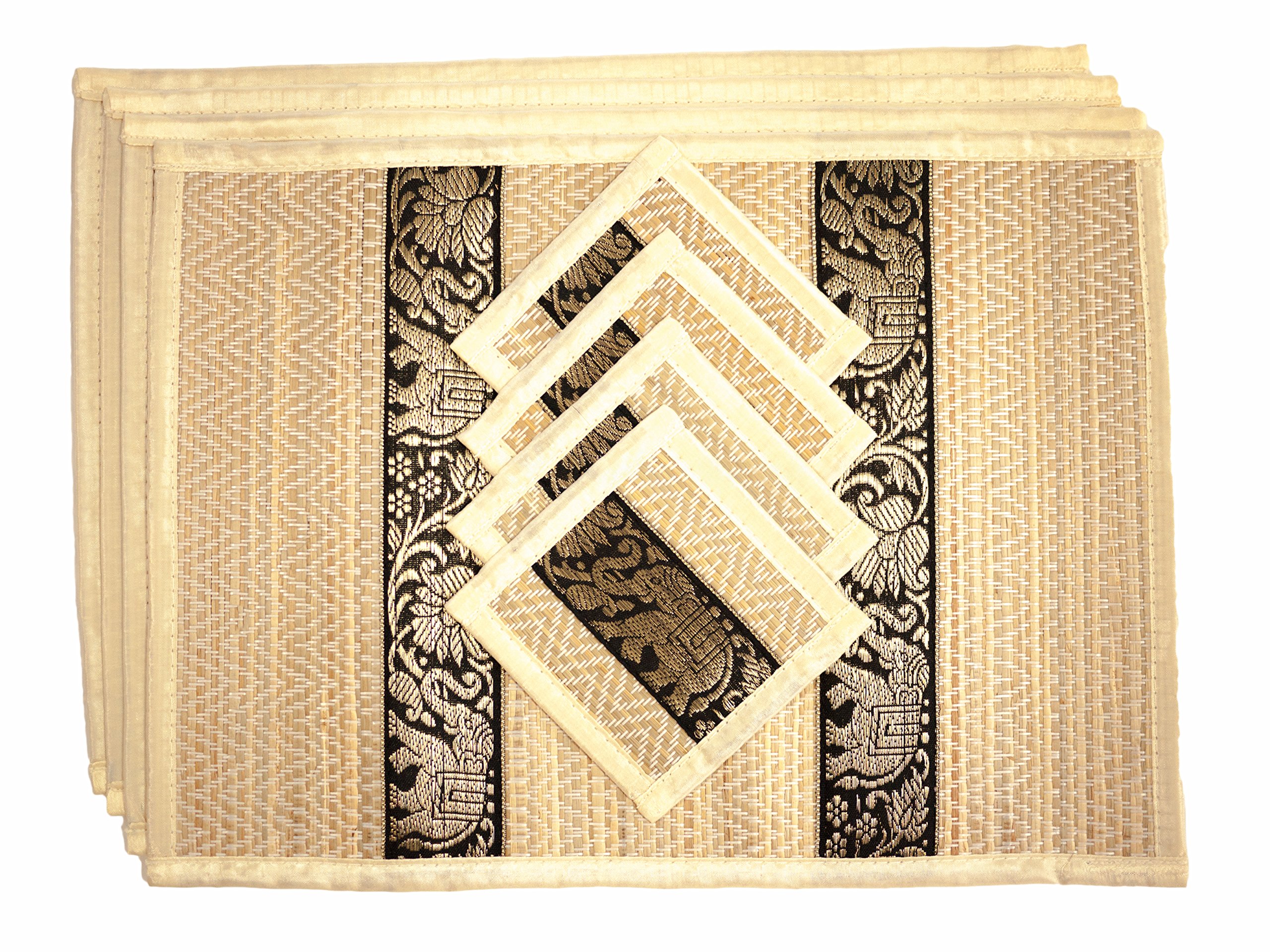 Cccollections Hand-Woven Table Placemats & Coasters Set for Everyday Dining | Thai Style Wicker Placemats Alternative to Plastic Heat Resistant - 4 Pcs