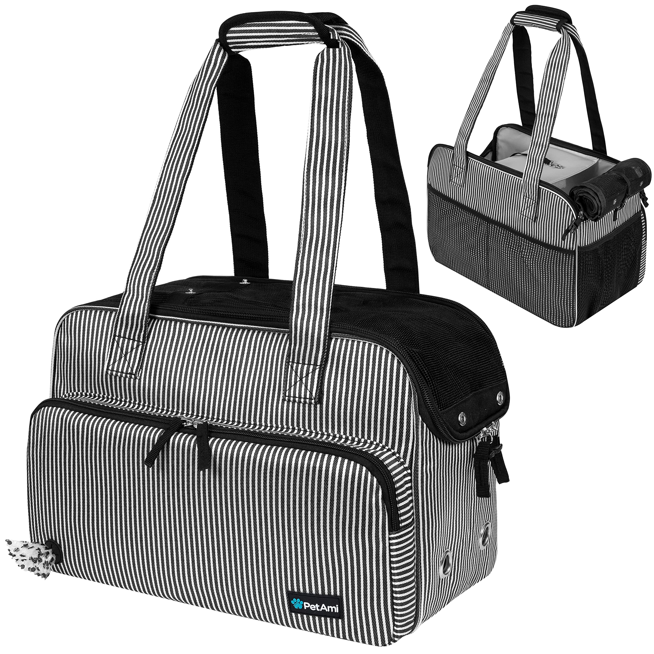 Photo 1 of PetAmi Small Dog Purse Carrier, Soft-Sided Pet Carrier Bag with Pockets, Portable Puppy Cat Travel Handbag Tote, Airline Approved Breathable Mesh, Poop Bag Dispenser, Max 18 lbs, Stripe Black