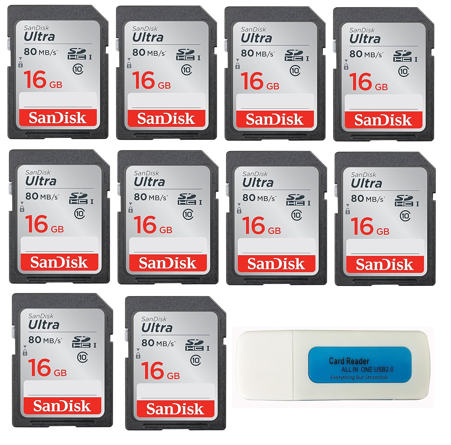 SanDisk Ultra 16GB (10 Pack) Class 10 SDHC Genuine Flash Memory Card 80MB/s (SDSDUNC-016G-GN6IN) with Everything But Stromboli Card Reader