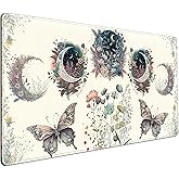 Beige Flowers Desk Mat Mousepad Cute Boho Plants Large Extended Gaming Mouse Pad XXL 31.5x15.75 in, Aesthetics Floar Butterfly Moon Laptop Keyboard and Mouse Mat for Women Office Gamer Girl Decor