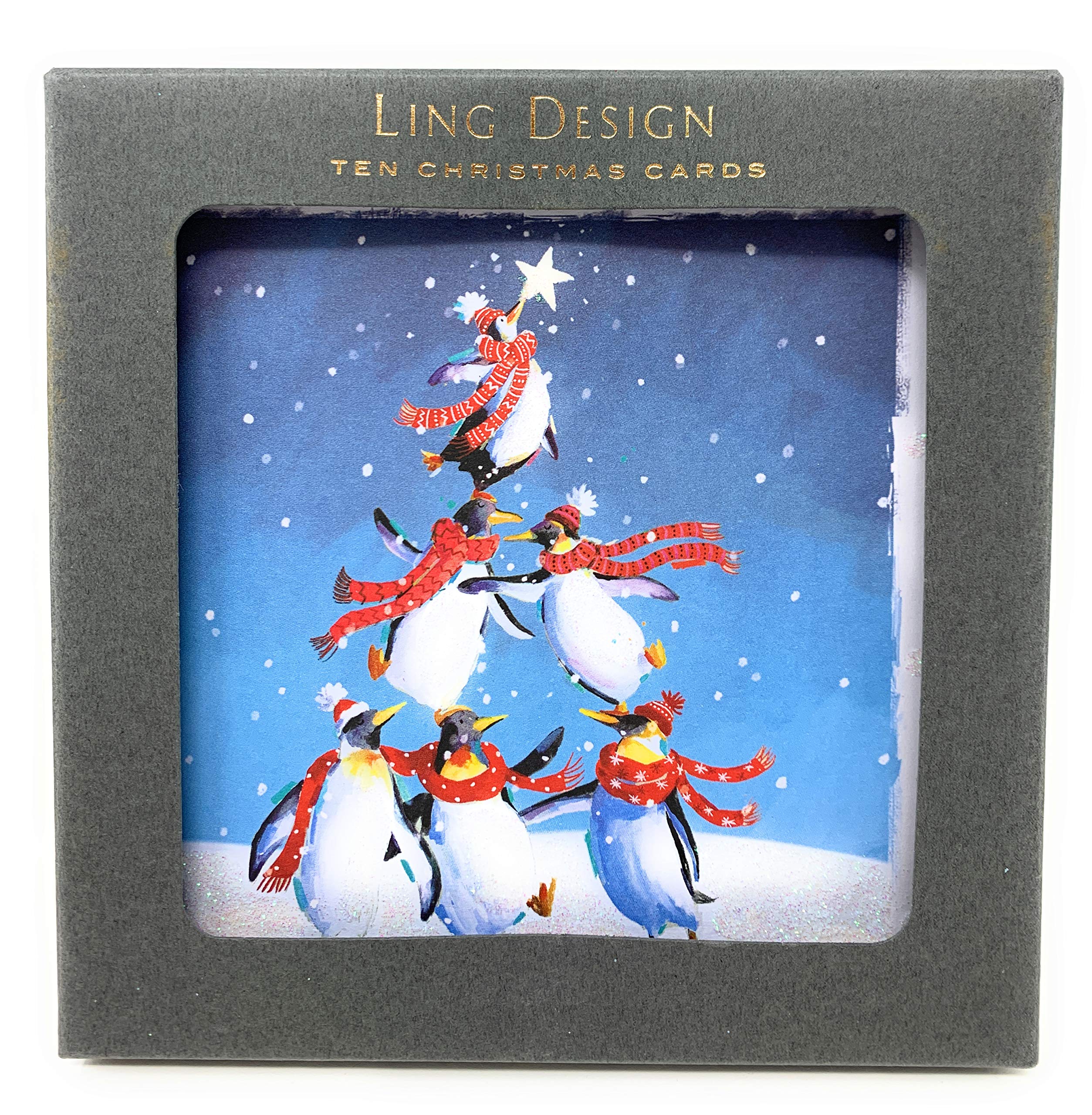 Box of 10 Christmas Penguins Cards ONE Design LING Xmas Card Boxes X13740E