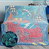 Glow in the Dark Race Car Throw Blanket – Fun Birthday Gift for Kids Who Love Toy Cars & RC Cars. Cool Hot Rod Design with Wheels Burning on the Race Track. Great for Race Car Bed or Boys Room Décor.