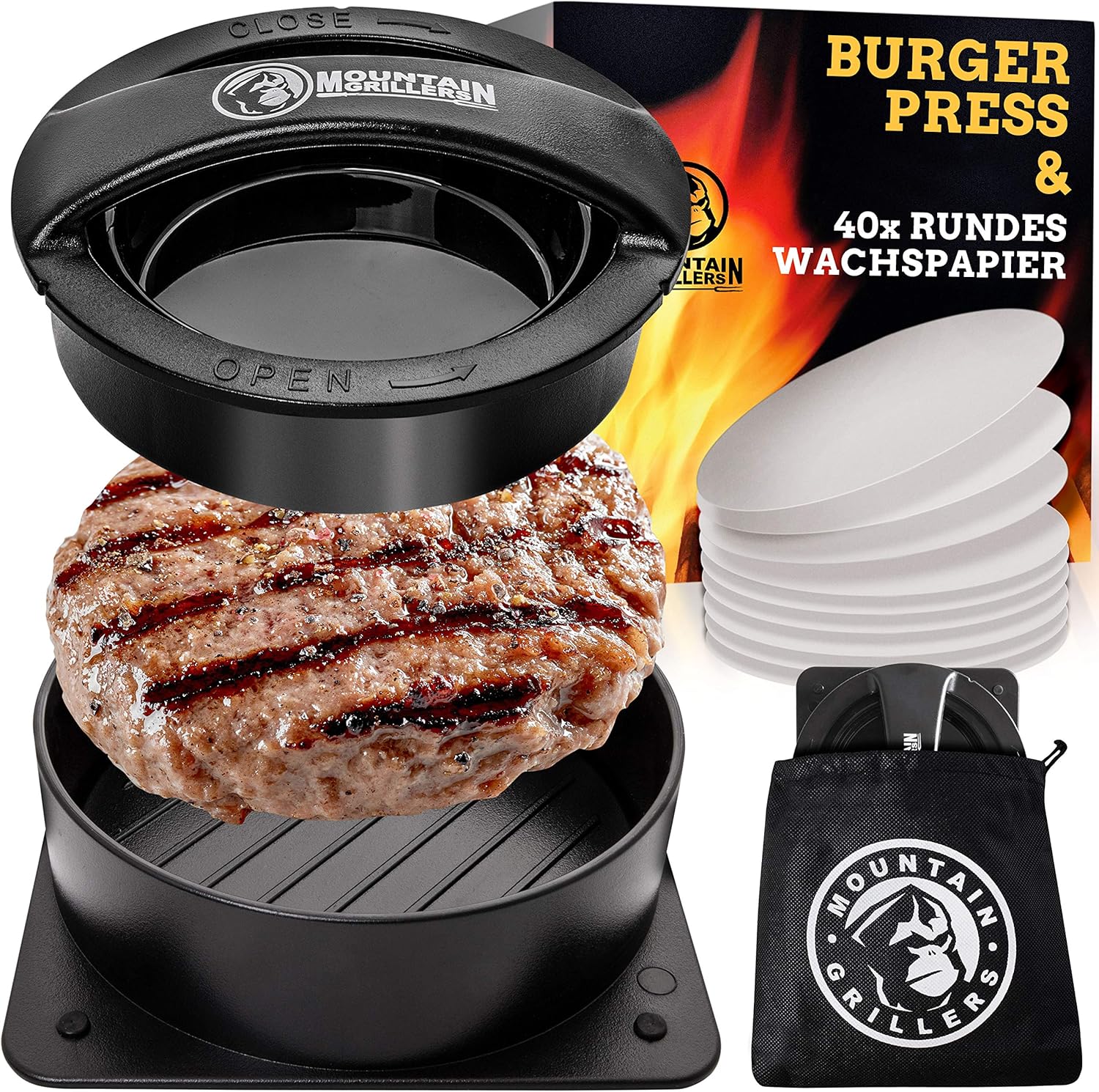 Mountain Grillers Burgerpresse Patty Maker | Handliche antihafte Form mit 40 STK backpapier für perfekte Burger, Patties oder Frikadellen (Burgerpresse Hamburger Maker)