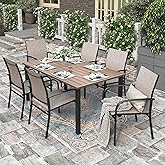 HERA'S HOUSE 7pc Patio Dining Set, Outdoor Wood-Like Metal Table &amp; 6 Chairs | Brown textilene chairs + 60" rectangle table with umbrella hole. Waterproof, rust-resistant, all-weather for deck, garden