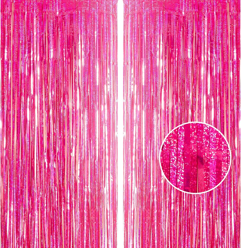 YAAVAAW Glitter Hot Pink Tinsel Curtain Backdrop 2pc 3.2x8.3ft DIY Party