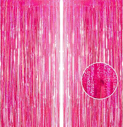 YAAVAAW Glitter Hot Pink Tinsel Curtain Backdrop 2pc 3.2x8.3ft DIY Party
