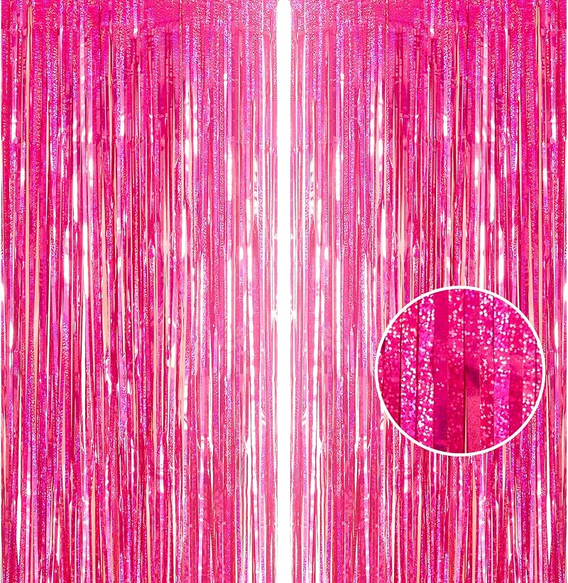 YAAVAAW Glitter Hot Pink Tinsel Curtain Backdrop 2pc 3.2x8.3ft DIY Party