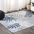 JONATHAN Y AMC100A-5SQ Tropics Palm Leaves Indoor Outdoor Area-Rug Bohemian Floral Easy-Cleaning High Traffic Bedroom Kitchen Backyard Patio Porch Non Shedding, 5 ft Square, Gray/Blue