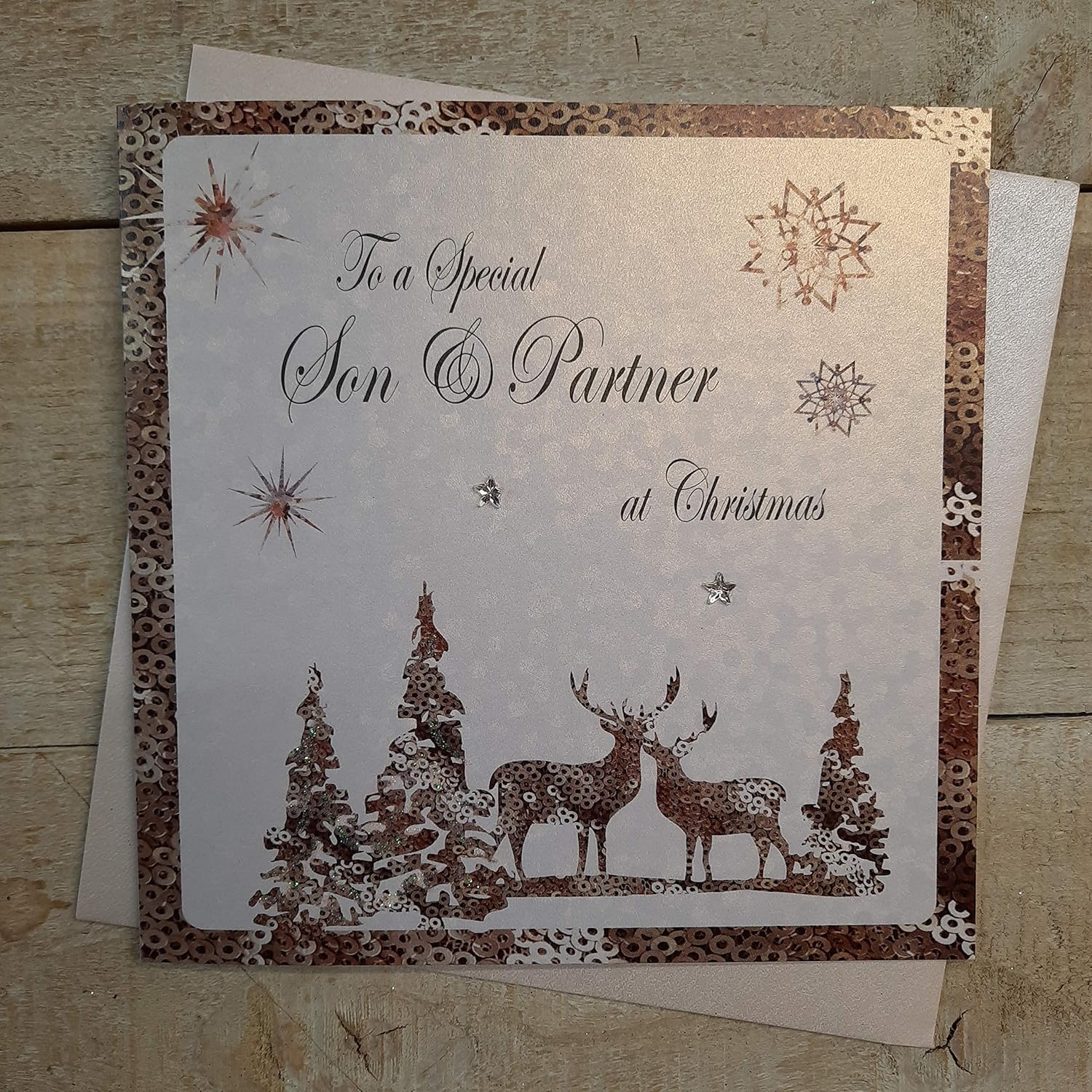 White Cotton Cards C5-Spar "Son & Partner" Handmade Christmas Card, grey|black|beige|green, 16 x 16 cm